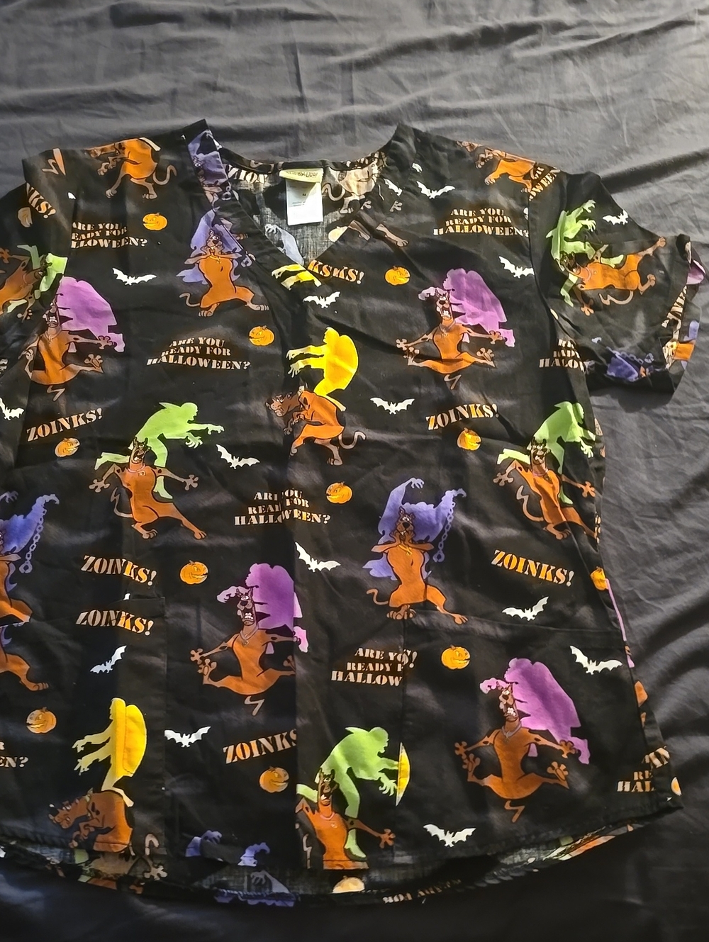 Halloween Graphic Women’s Scrub Top - Black with Purple/Green/Yellow Accents